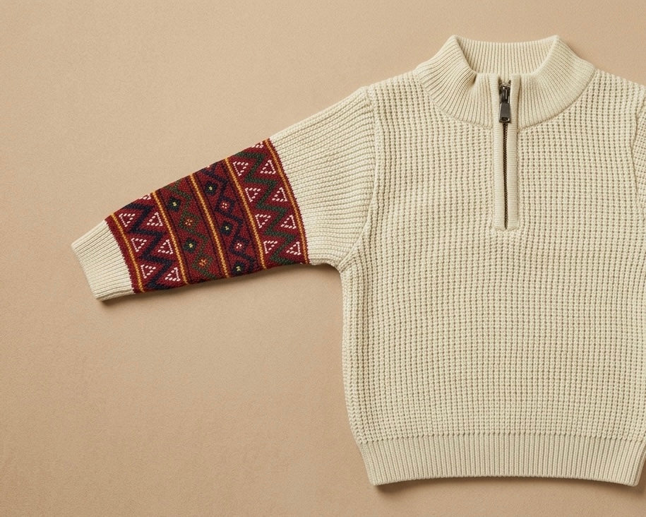 Kids' Traditional Himachal Print Half-Zip Knit Sweater