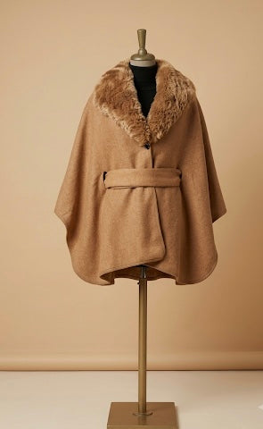 Camel  Faux Fur Shawl Collar With Belt  Cape