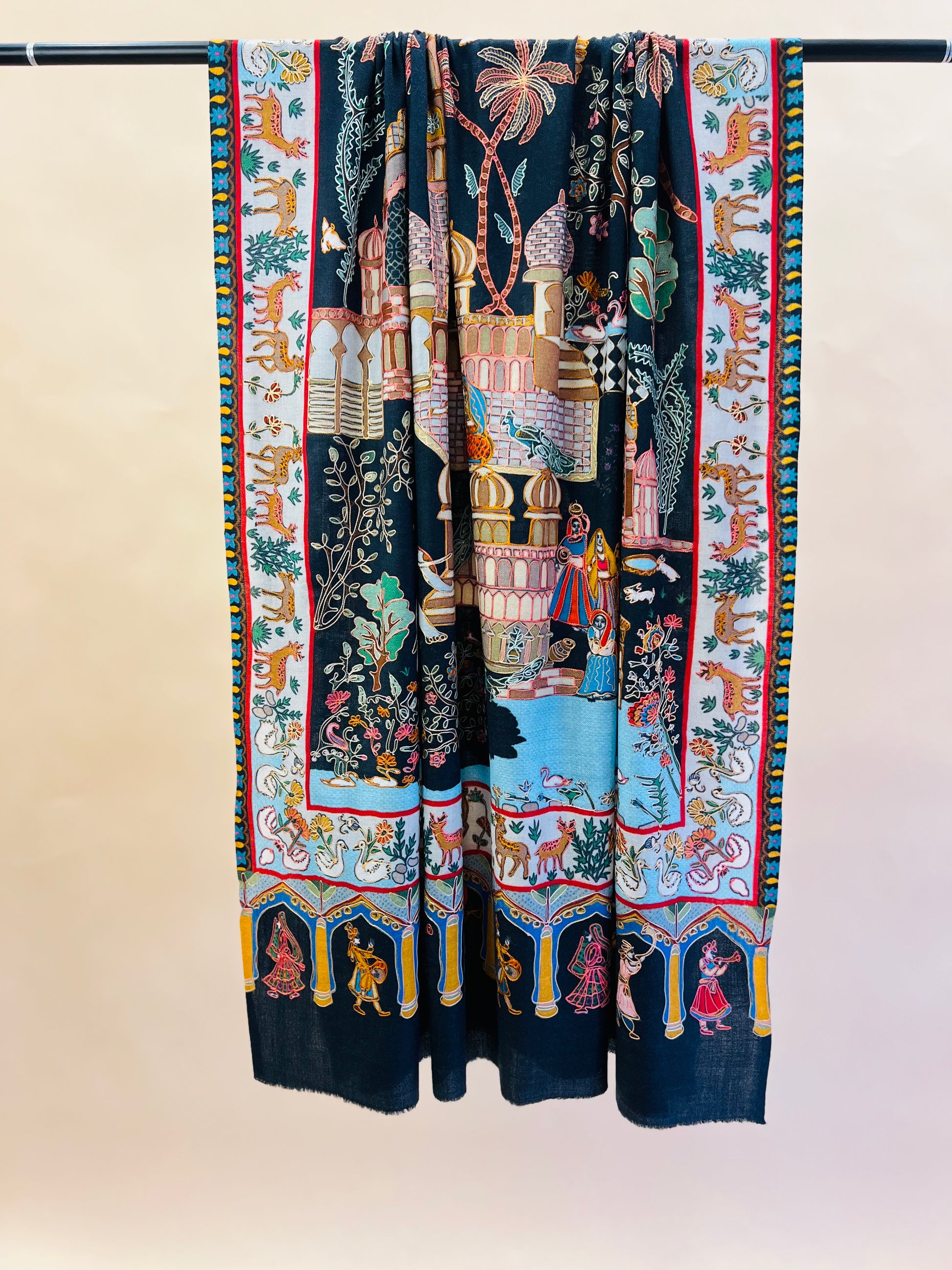 Mughal Darbar Ethnic Kashmiri Kalamkari Shawl Black