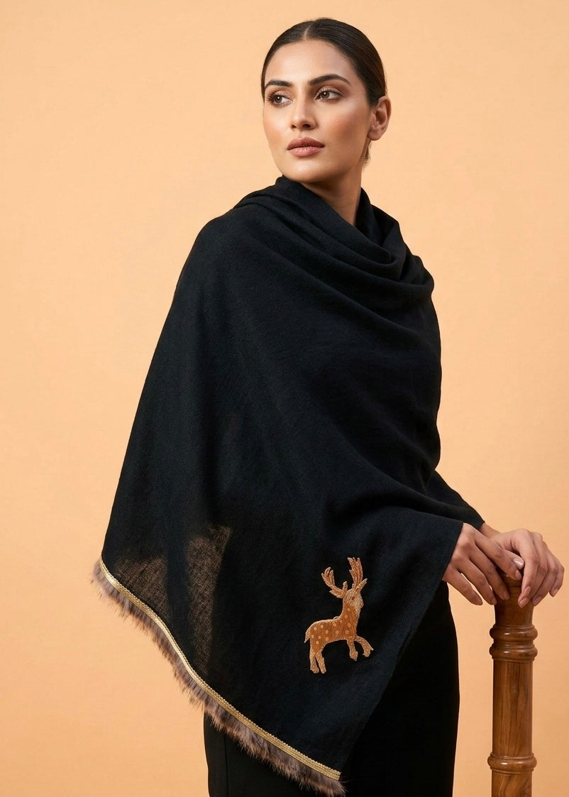 Deer Motif Stole Black