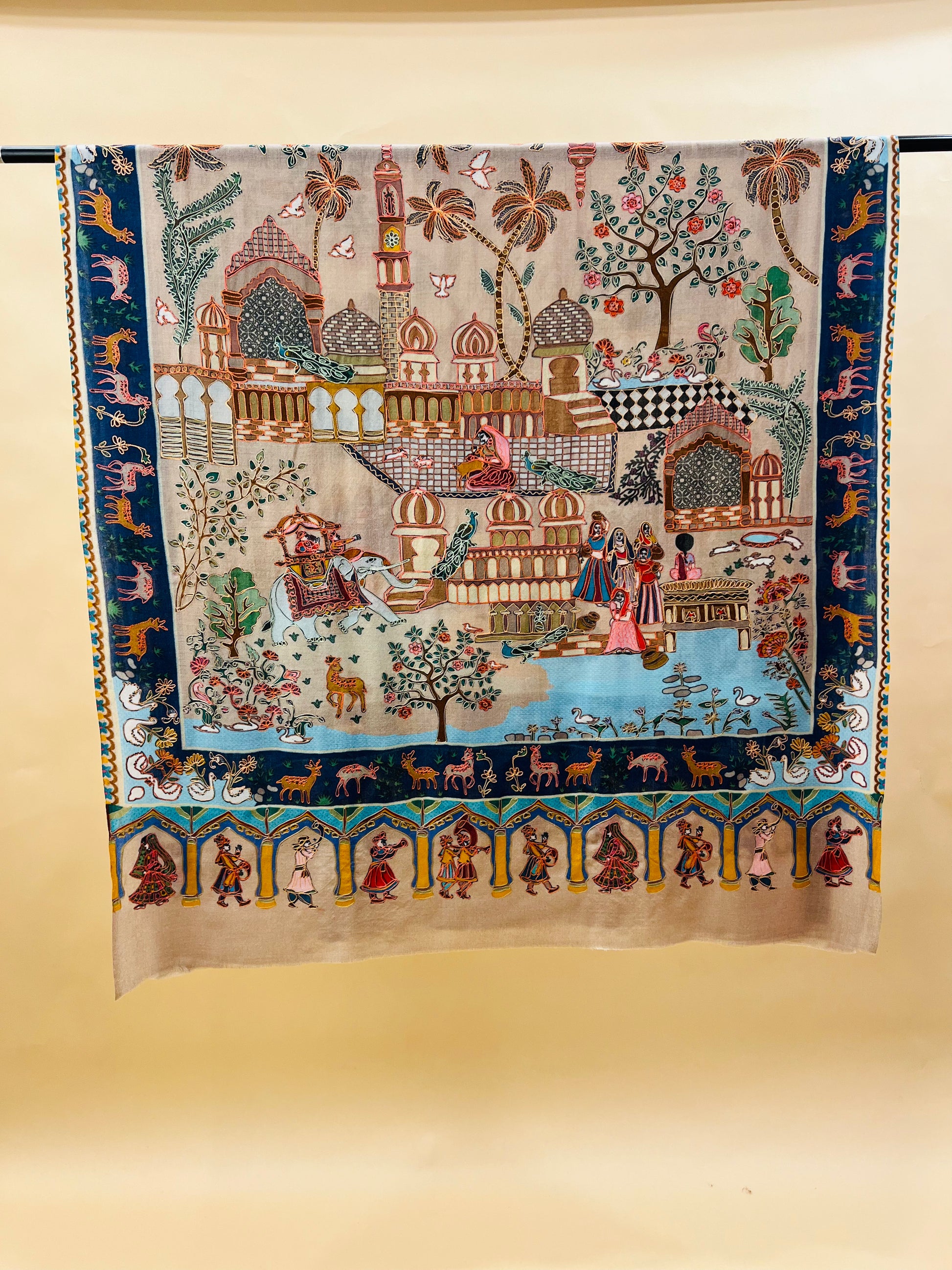 Mughal Darbar Ethnic Kashmiri Kalamkari Shawl Beige