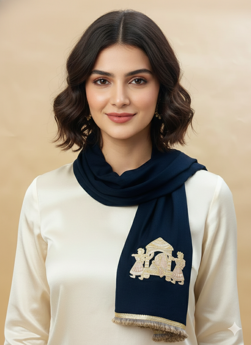 Women Navy Bridal Doli Patch Work Stole