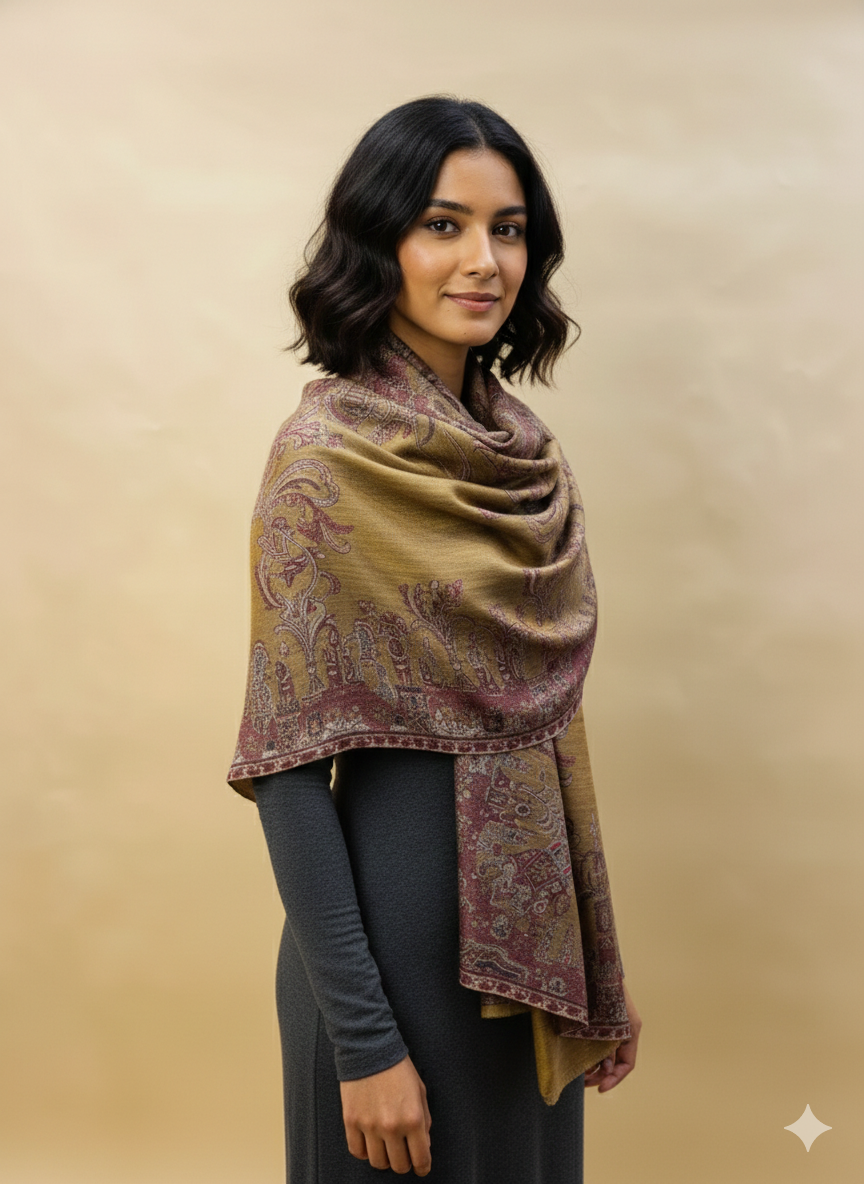 Light Gold Moonlight Fine Wool Zari Stole