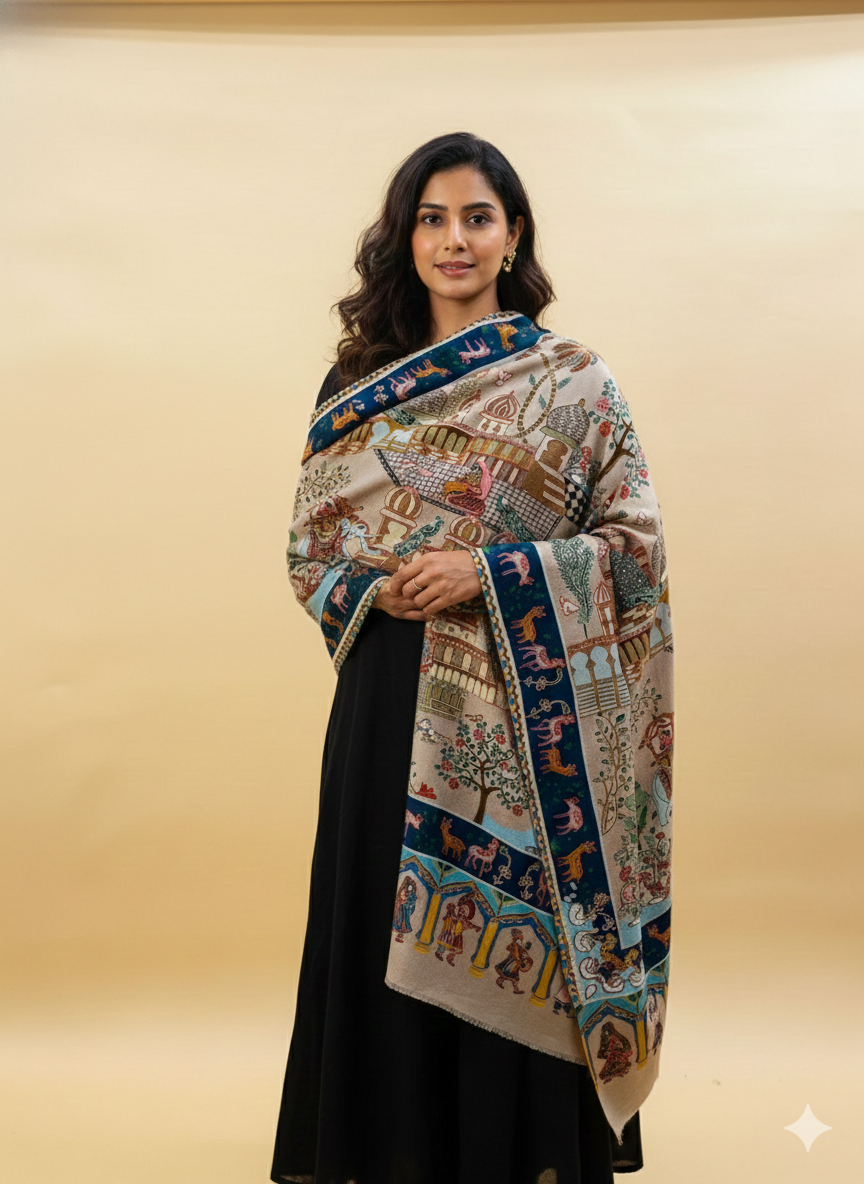 Mughal Darbar Ethnic Kashmiri Kalamkari Shawl Beige