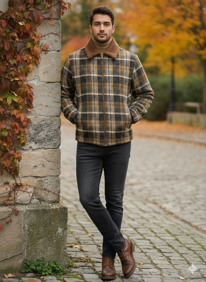 Men Jacket Tweed Fabric with Fur