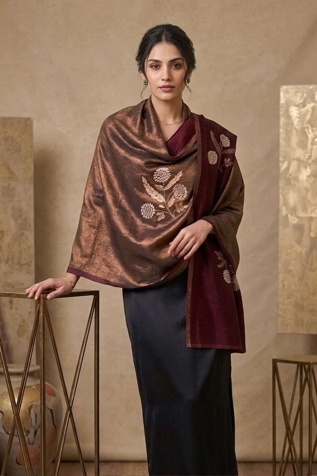 Moonlight Reversible Leaf Work Stole in Mehrun