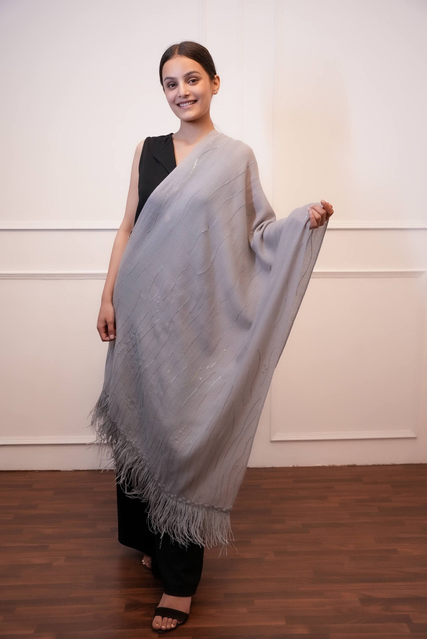 Cashmere Wool Stole  With Feather