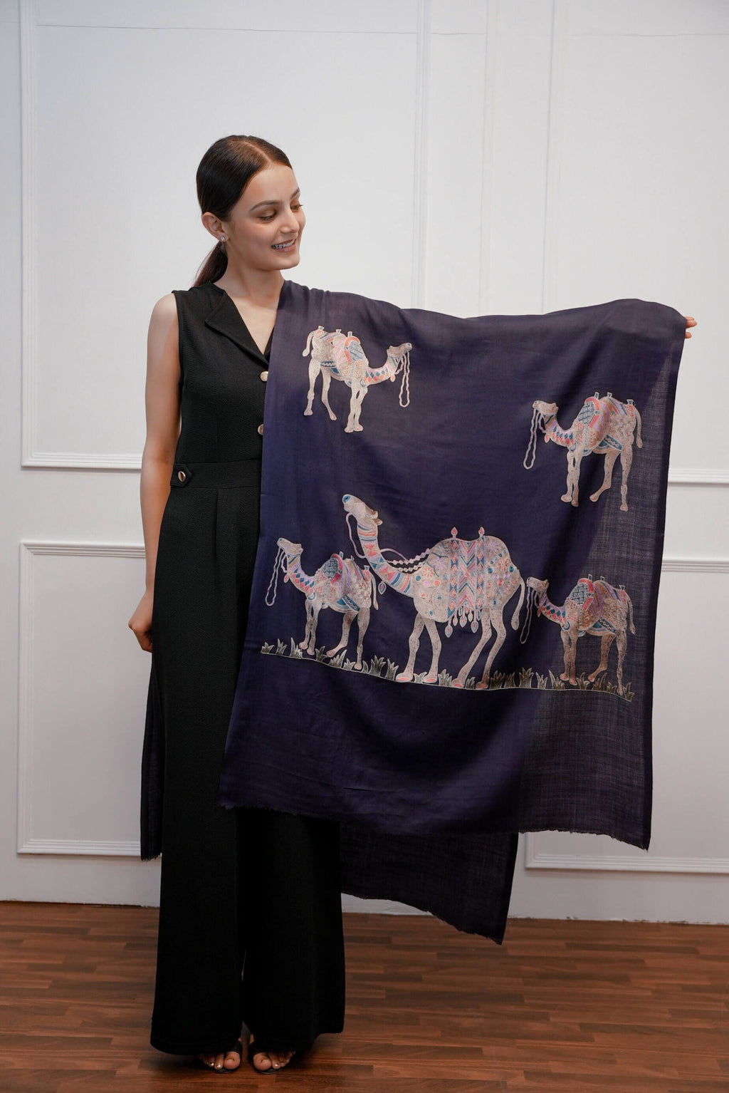Pashmina Navy Camel Designed Stole
