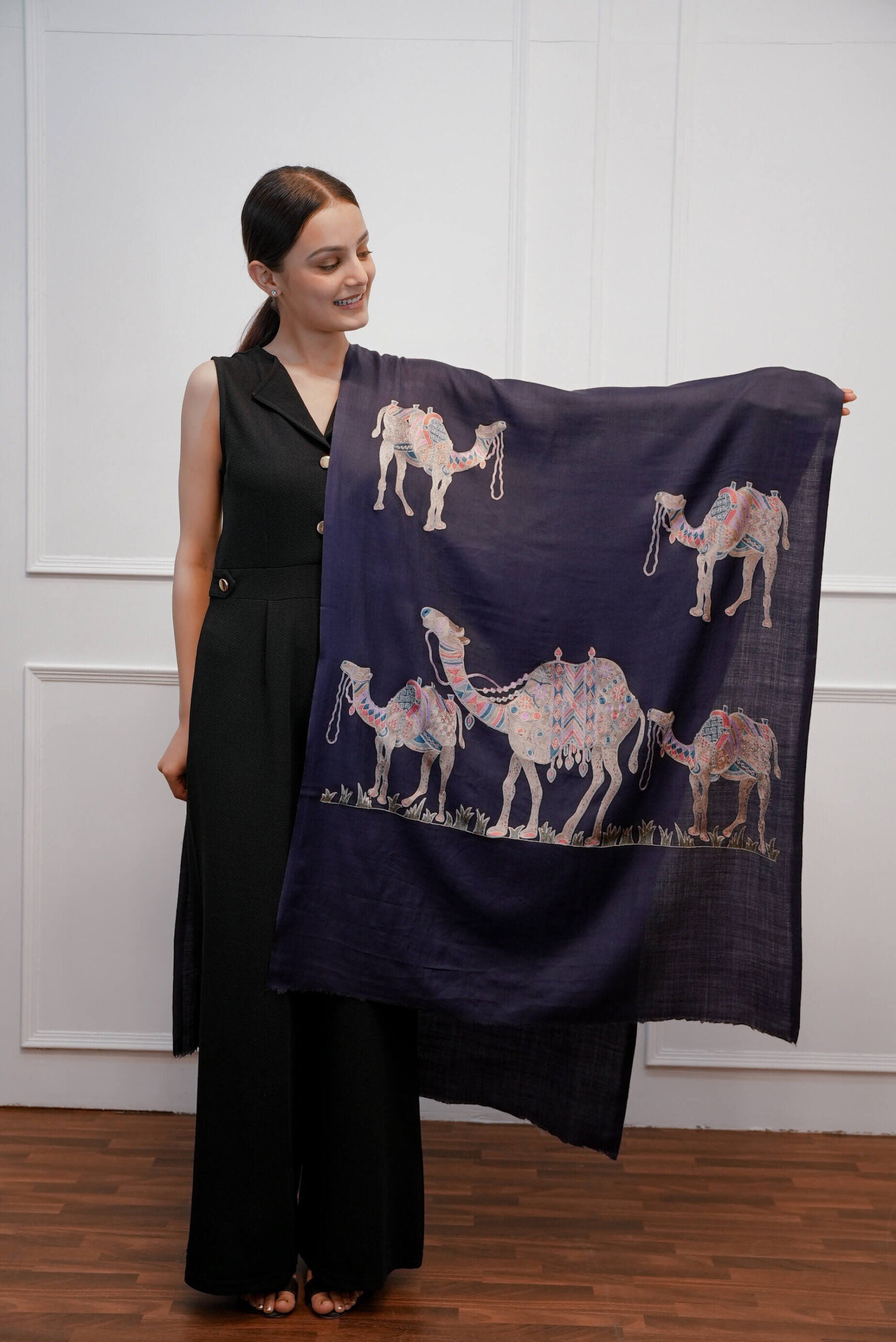 Pashmina Navy Camel Designed Stole