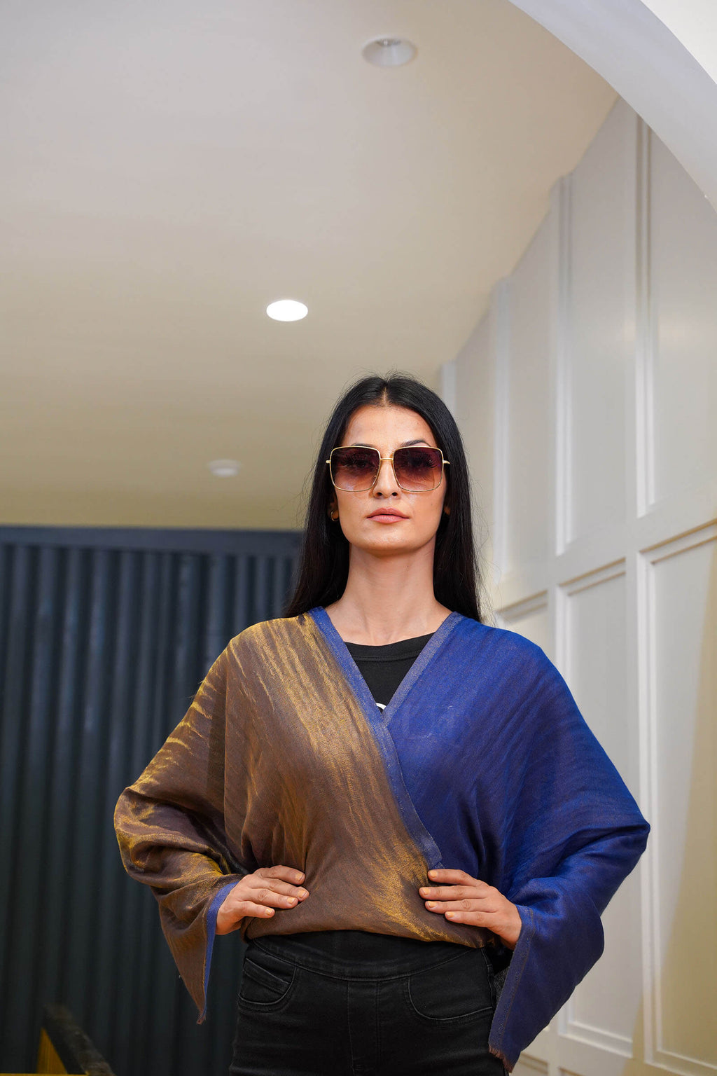 Dark Blue Moonlight Reversible With Zari Stole