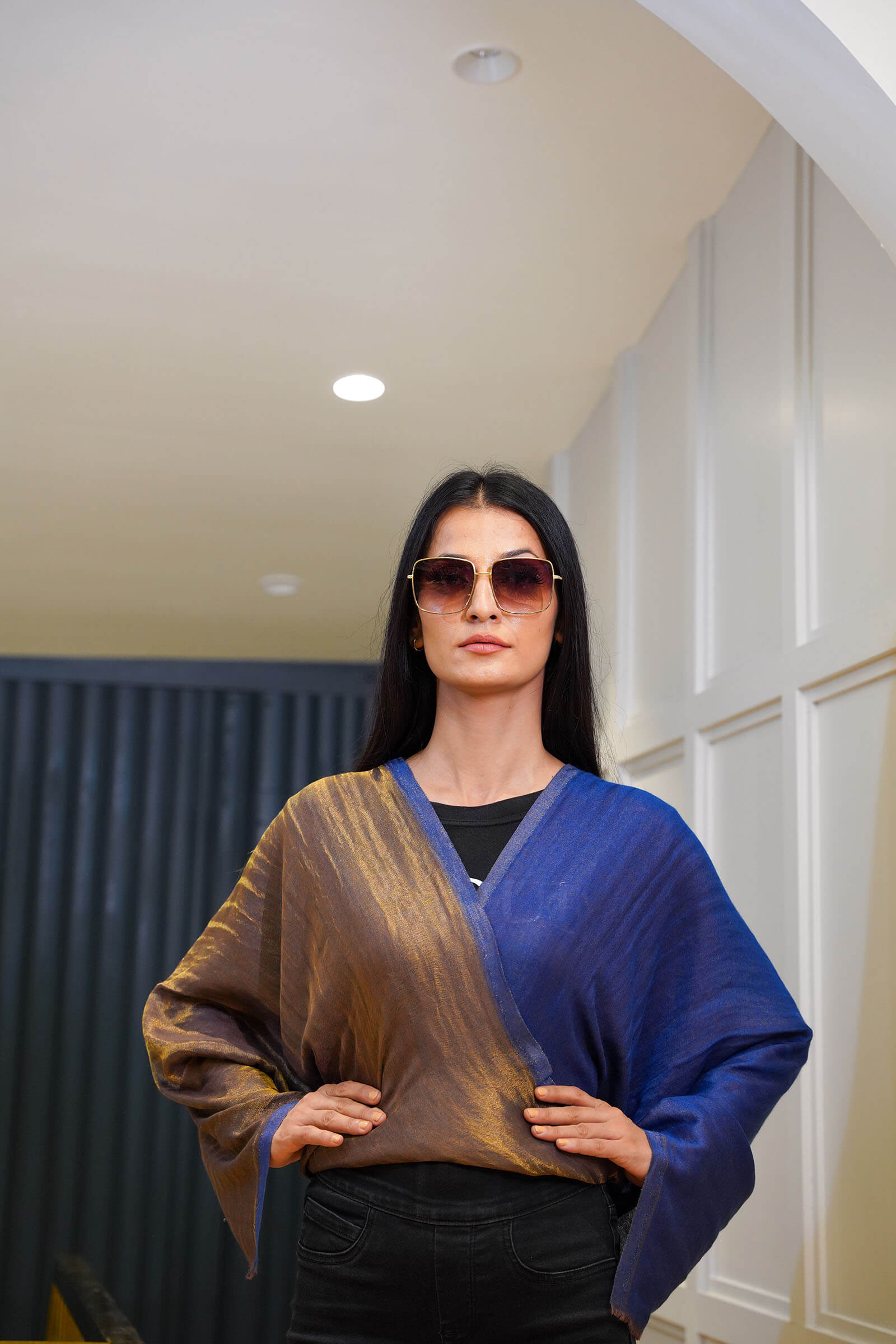 Dark Blue Moonlight Reversible With Zari Stole