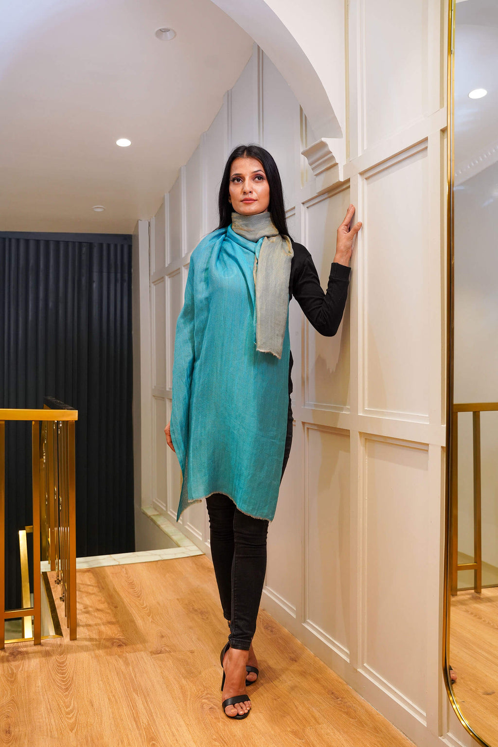 Turquoise Blue Moonlight Reversible With Zari Stole
