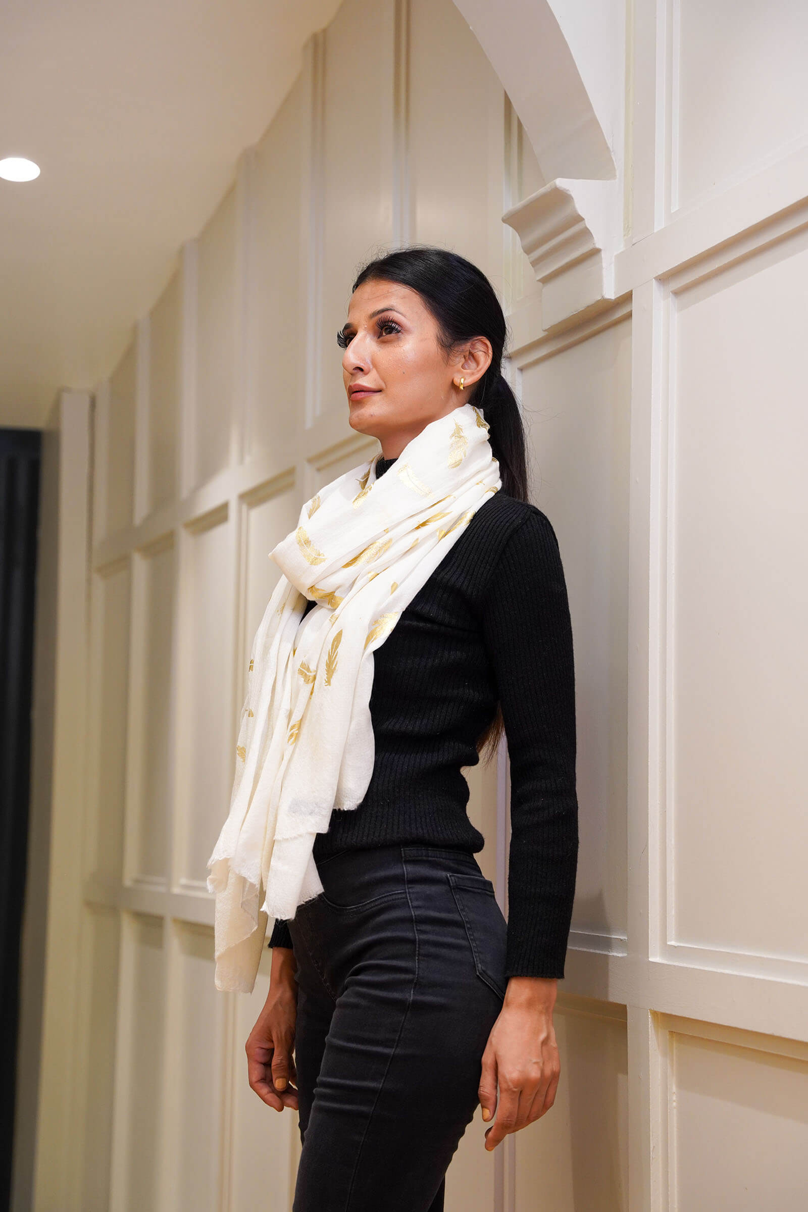 Fine Wool Foil Print Cream Stole