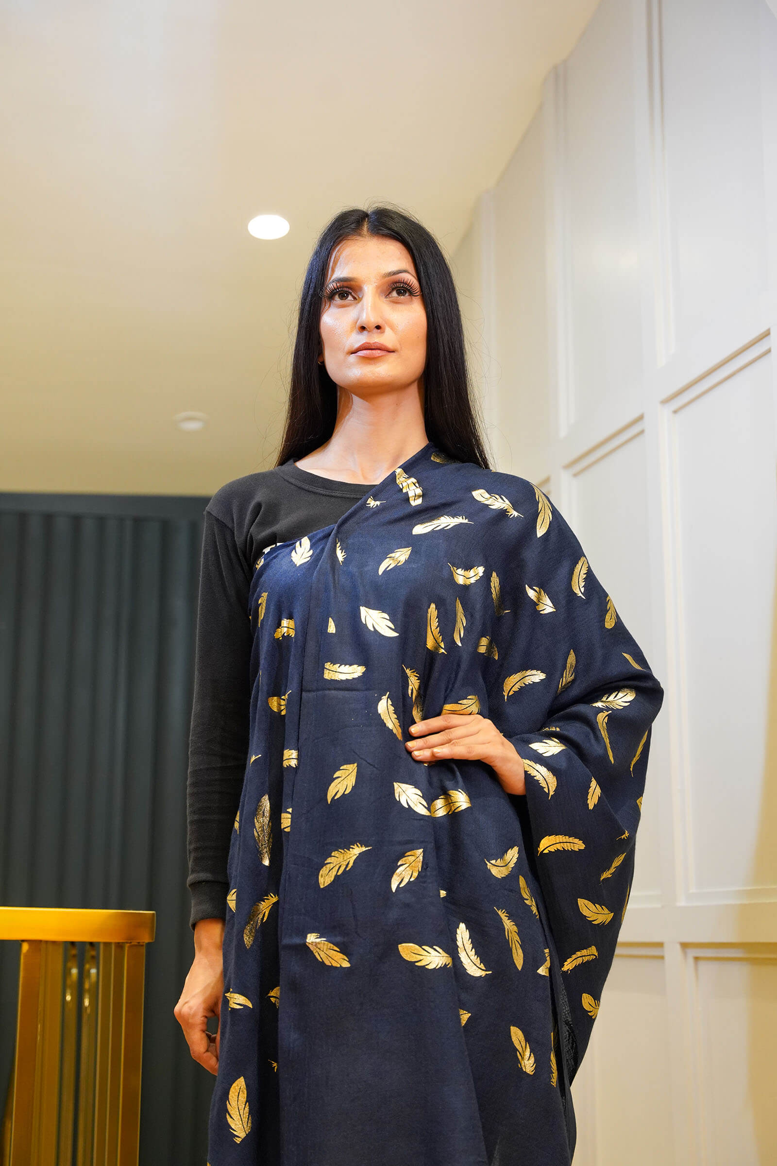 Fine Wool Foil Print Navy Stole