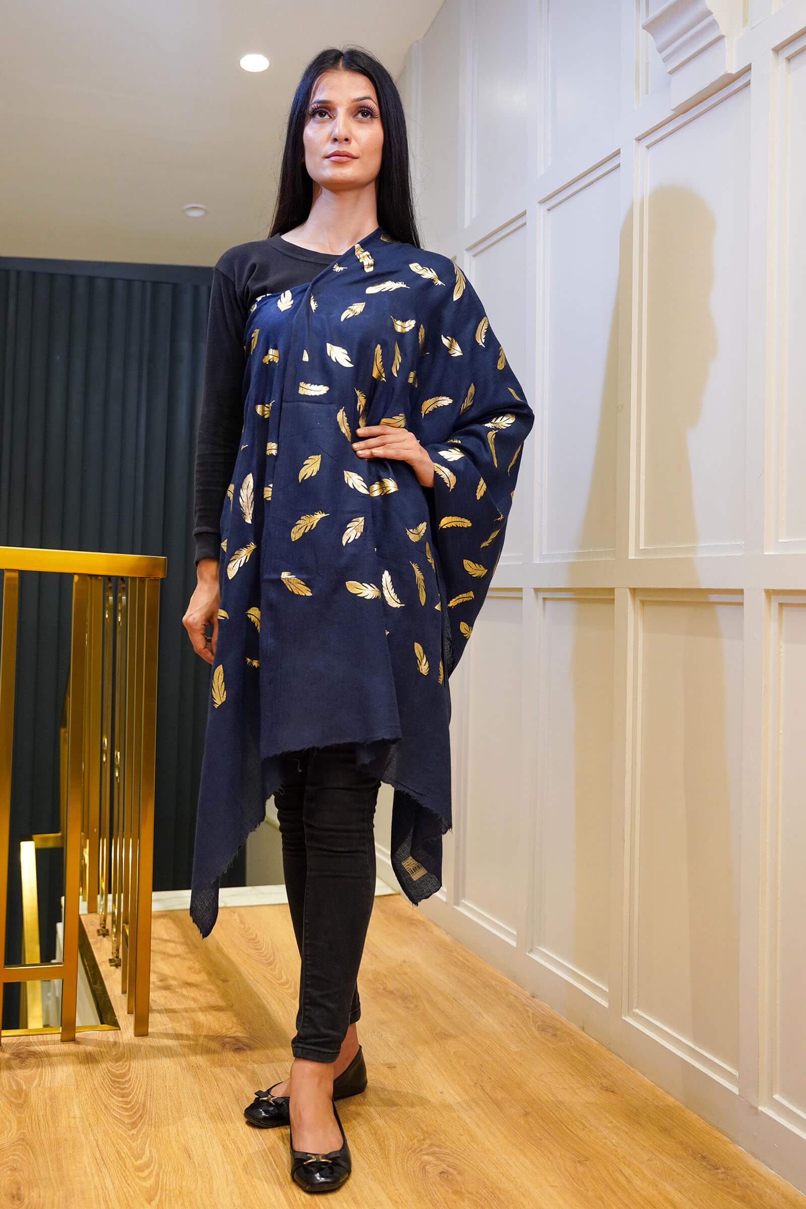 Fine Wool Foil Print Navy Stole