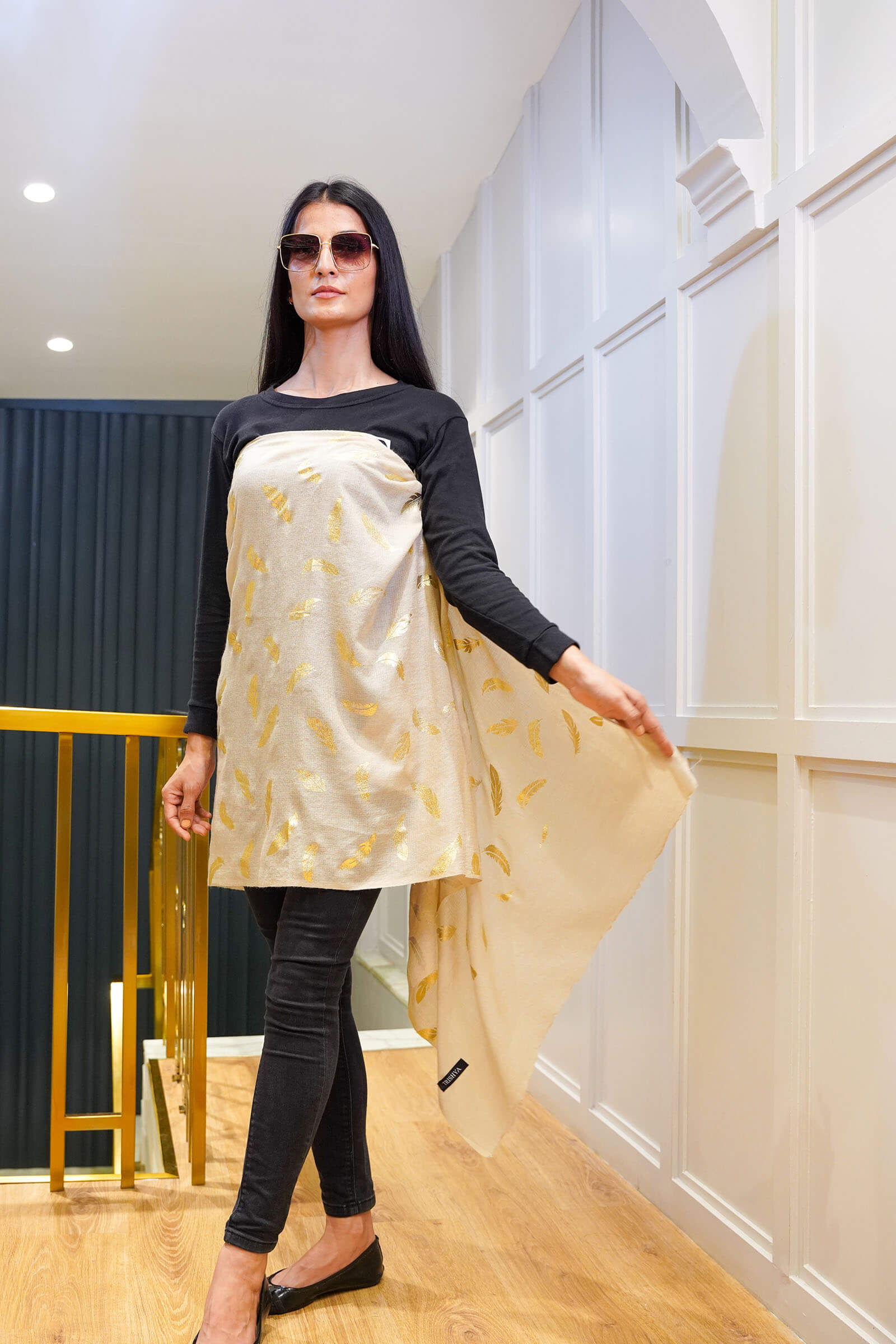 Fine Wool Foil Print Natural Coloured Stole