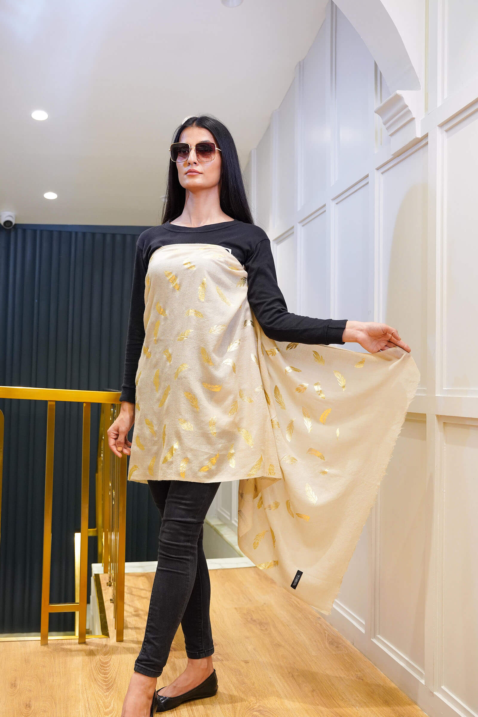 Fine Wool Foil Print Natural Coloured Stole