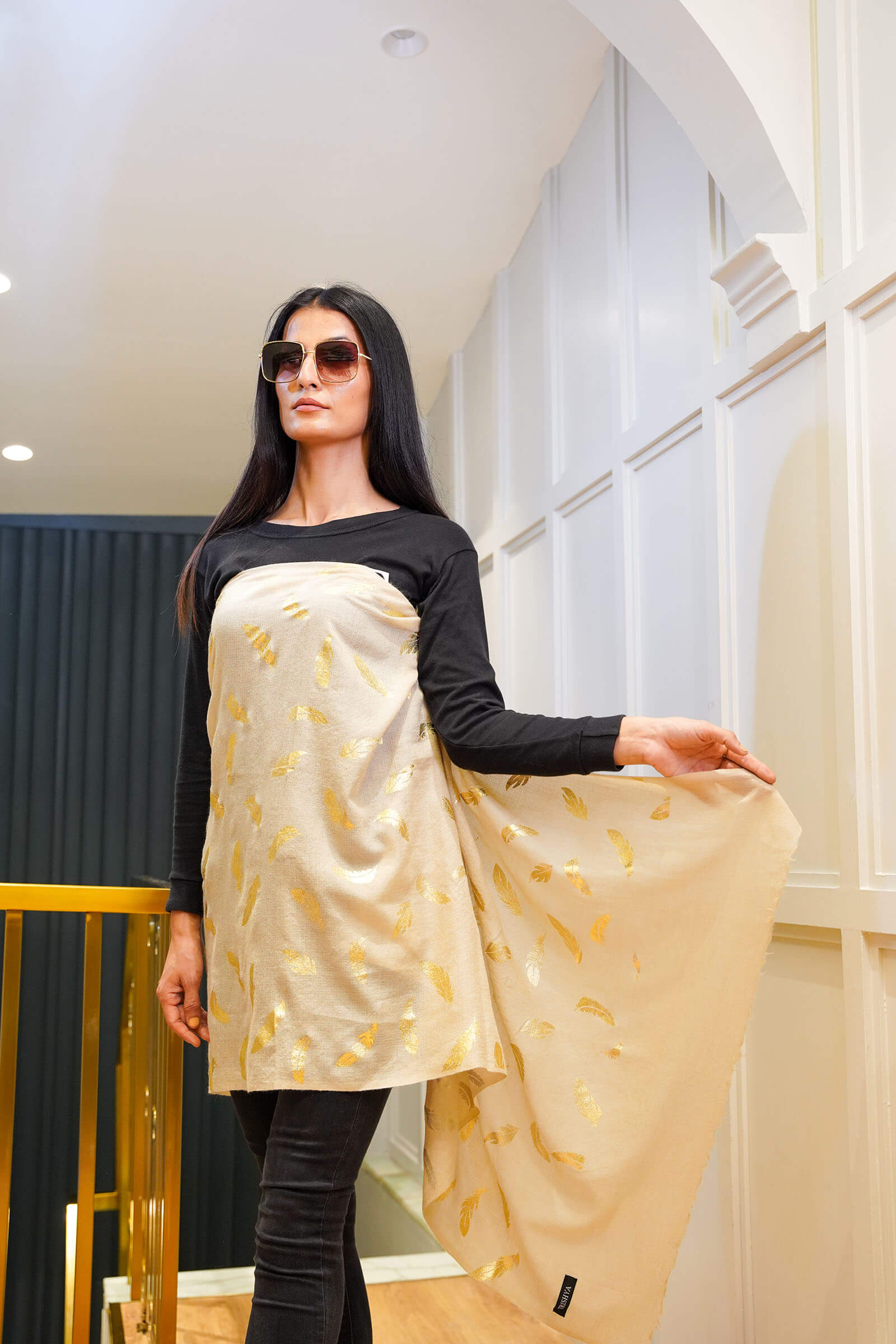 Fine Wool Foil Print Natural Coloured Stole