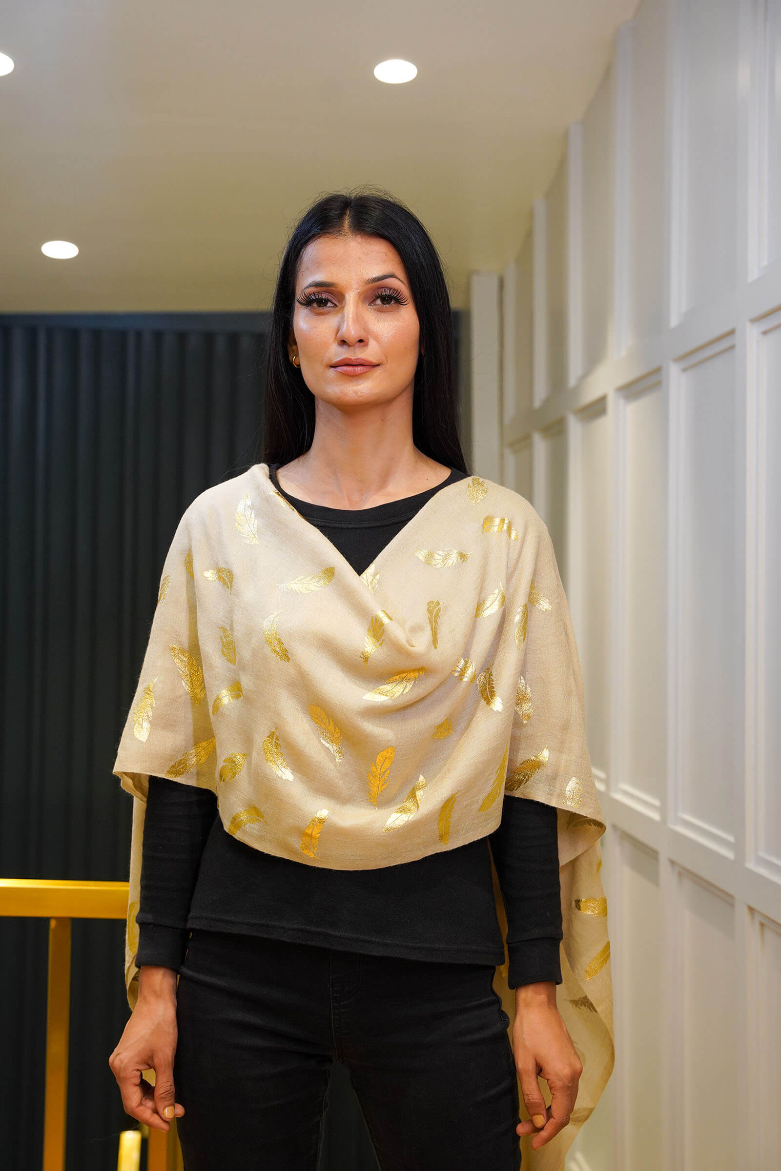 Fine Wool Foil Print Natural Coloured Stole